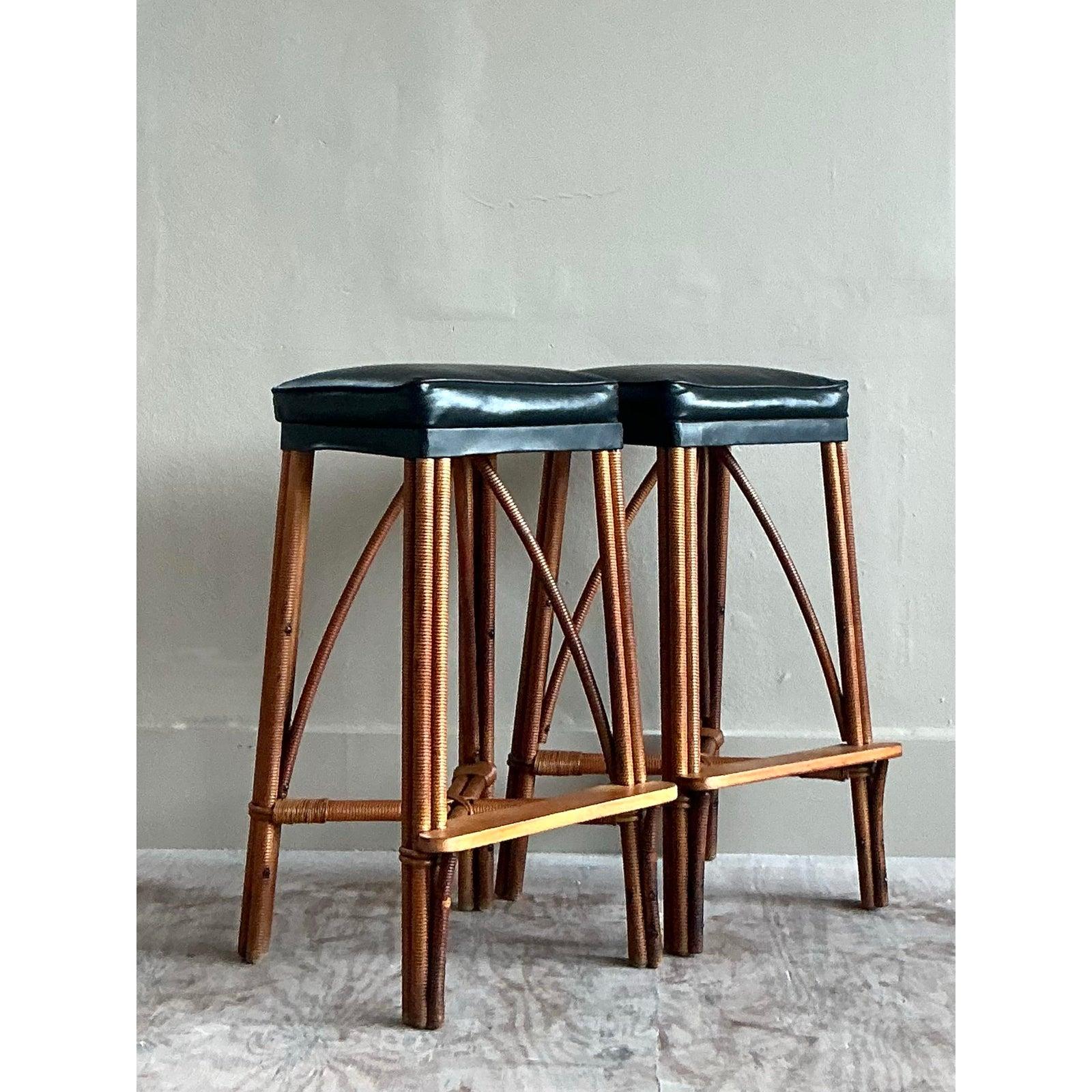 Vintage Coastal Wrapped Rattan Bar Stools - A Pair For Sale 2