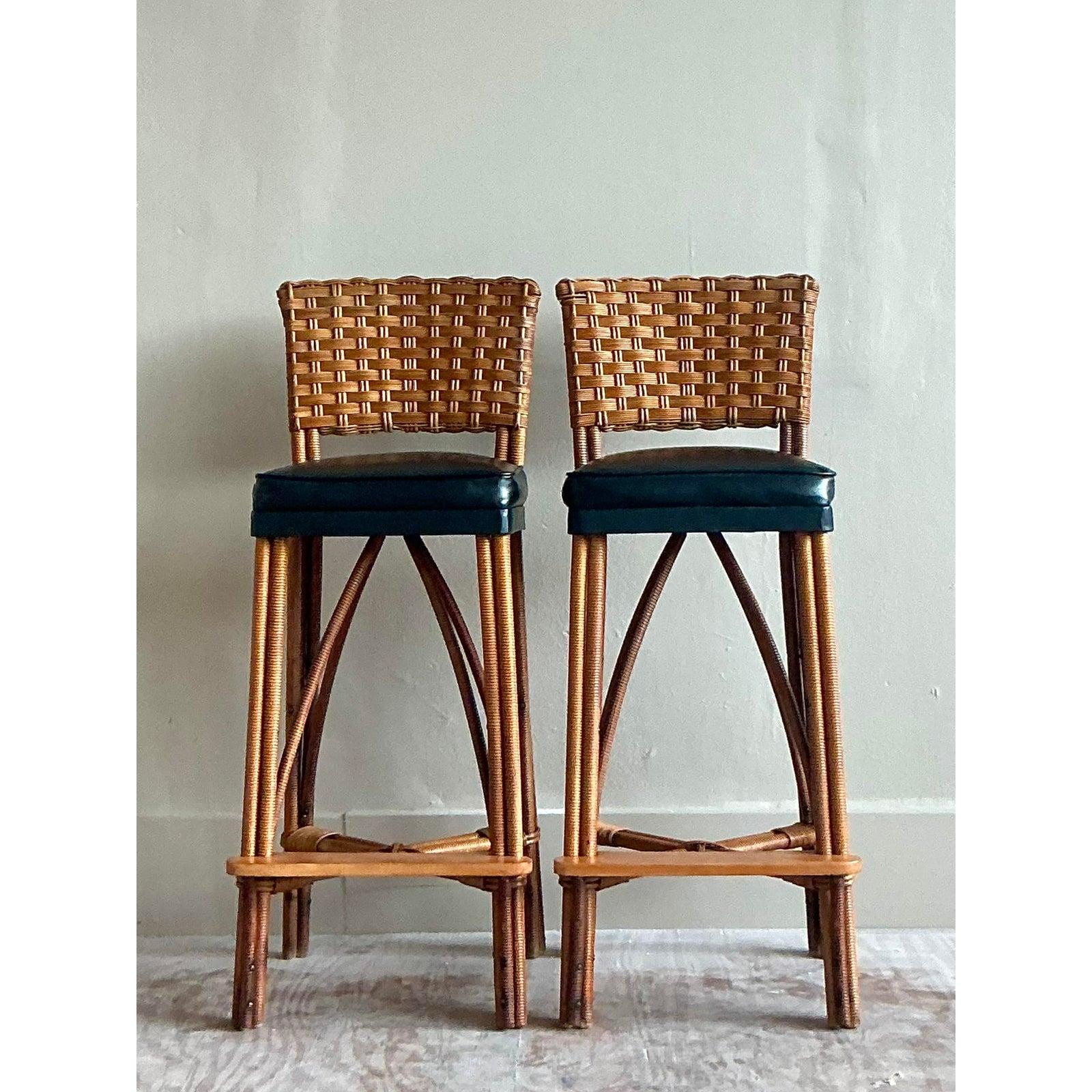 Mid-Century Modern Vintage Coastal Woven Rattan Bar Stools - A Pair For Sale