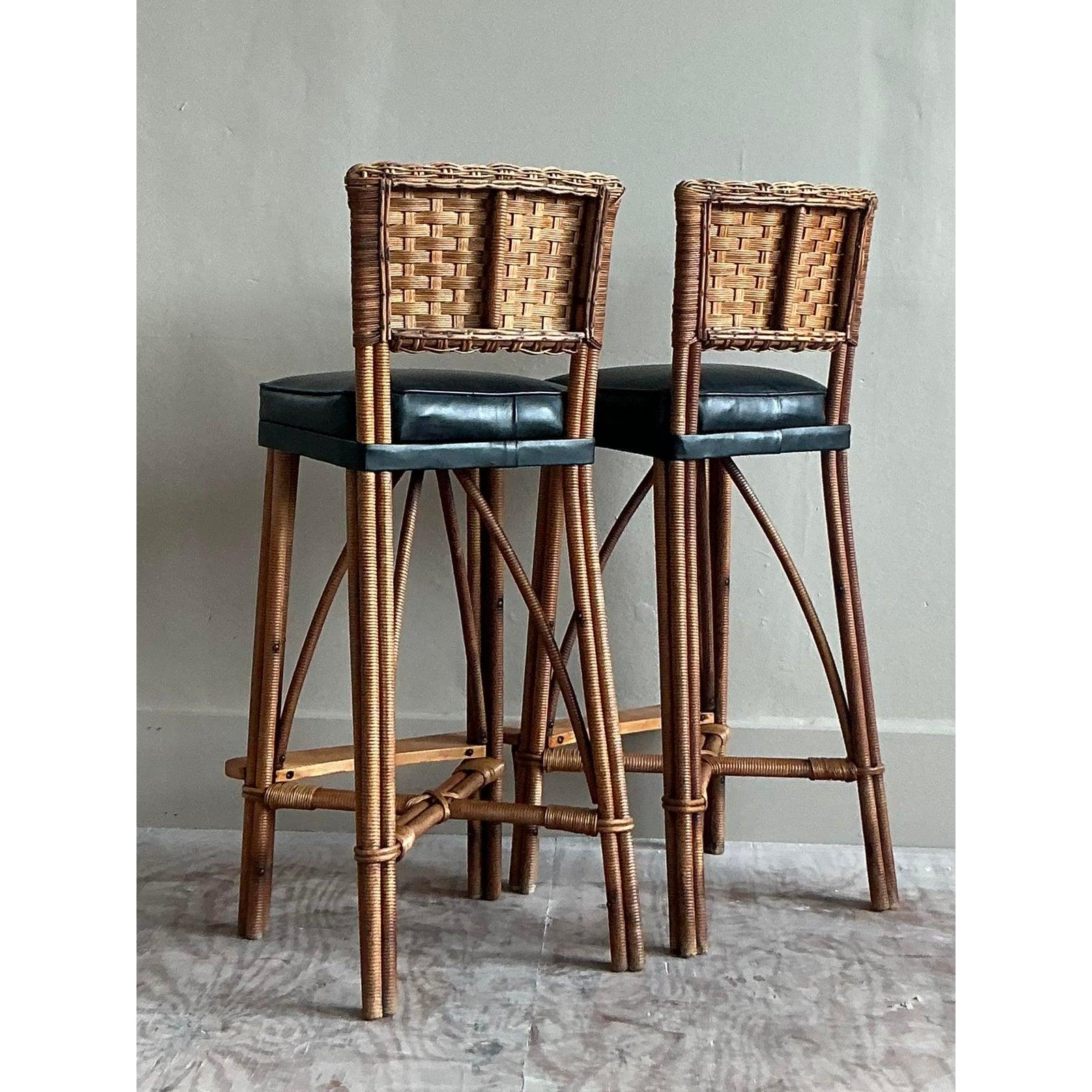 Vintage Coastal Woven Rattan Bar Stools - A Pair In Good Condition For Sale In West Palm Beach, FL