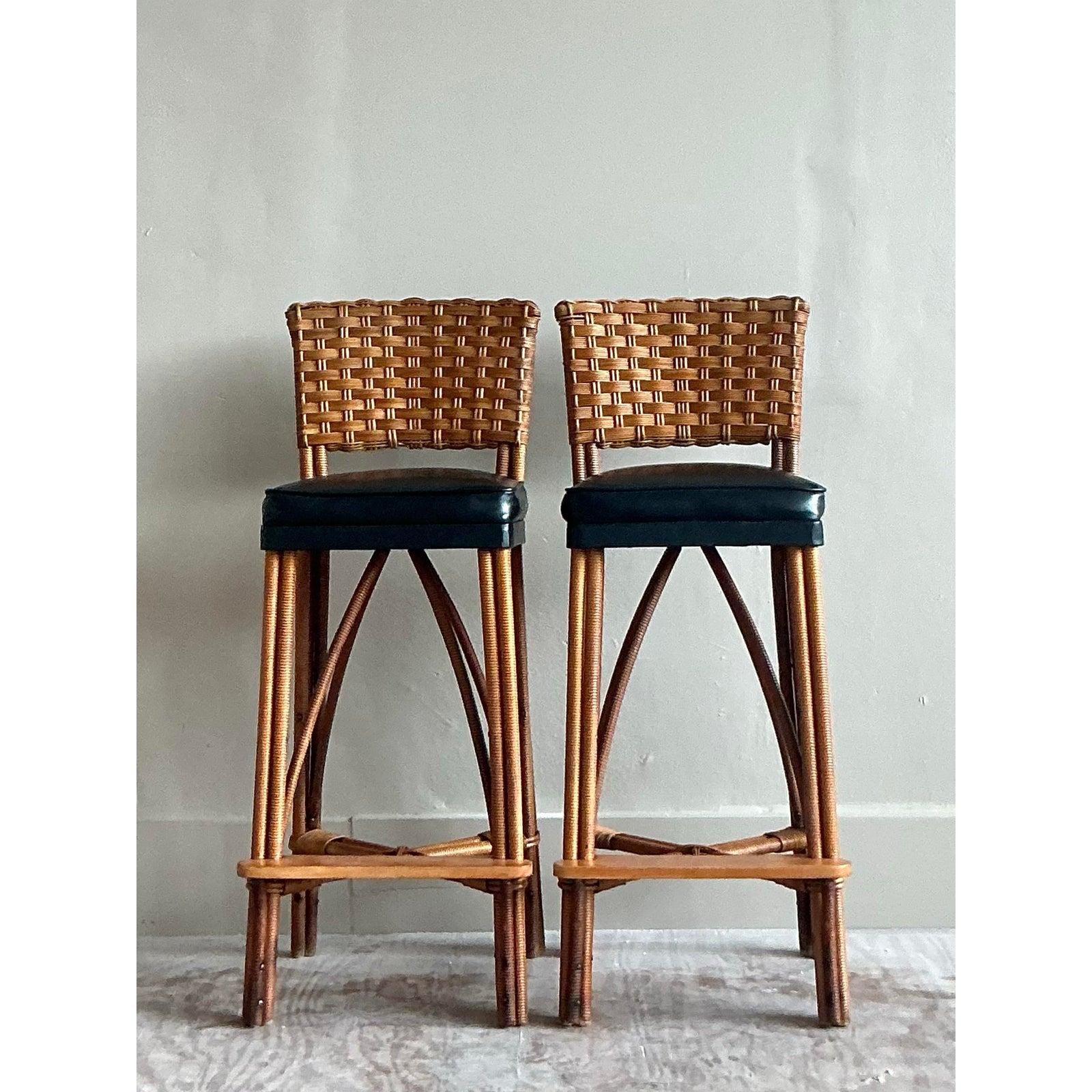 Vintage Coastal Woven Rattan Bar Stools - A Pair For Sale 2
