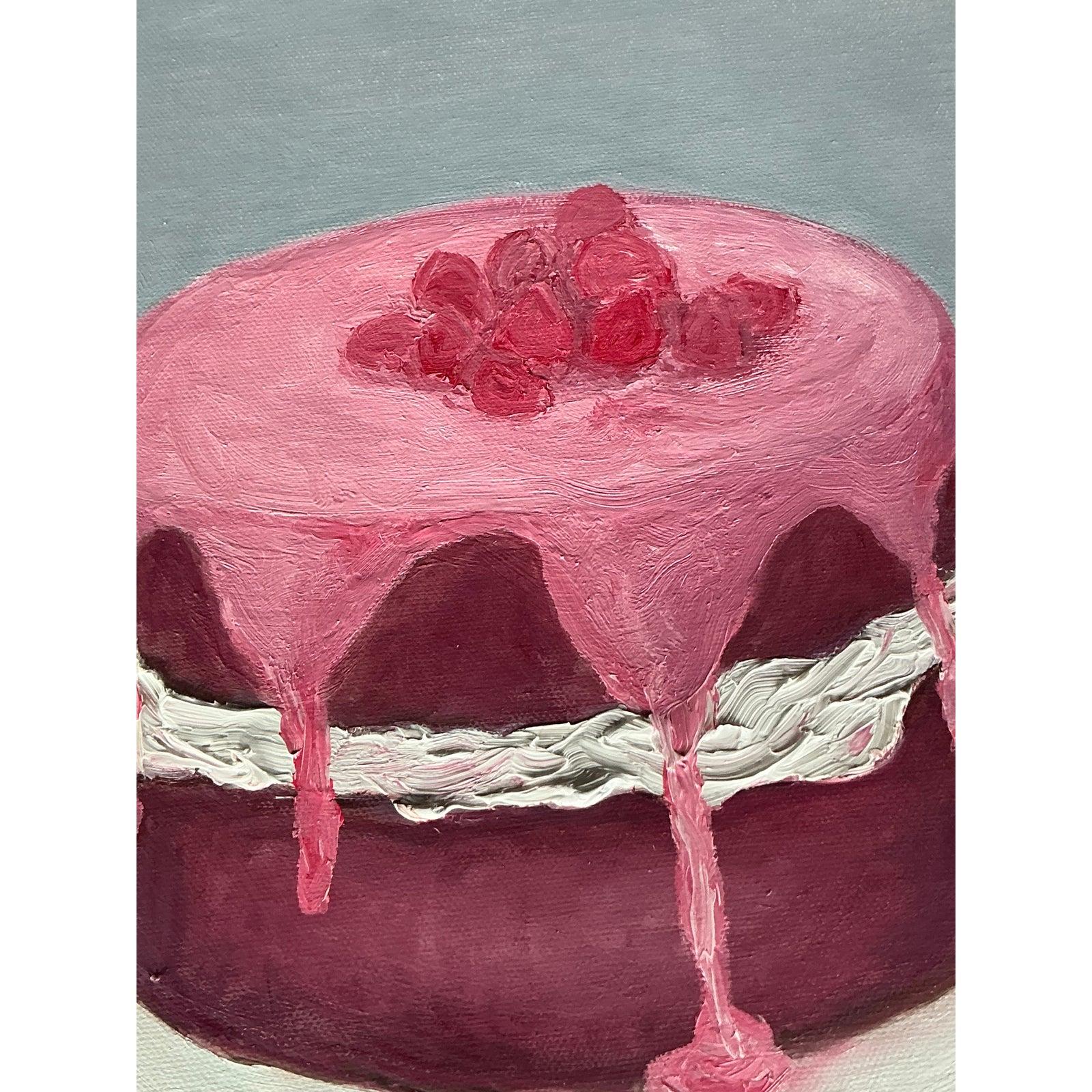 Halten Sie einen Moment des süßen Genusses mit diesem entzückenden Original-Ölgemälde fest. Die Künstlerin stellt einen köstlichen Schichtkuchen mit einer wunderbaren Textur dar, vom reichhaltigen, dunklen Kuchen bis hin zum leuchtend rosa