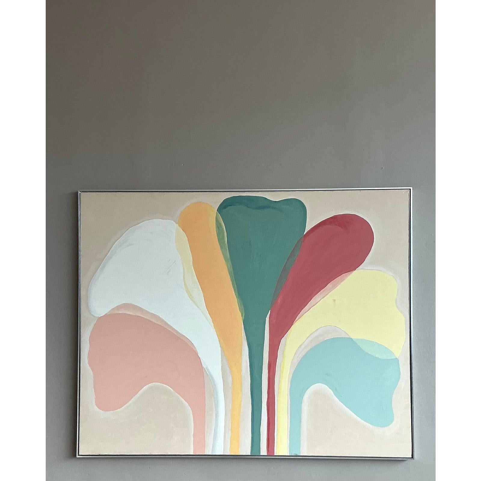 Dieses monumentale Original-Ölgemälde auf Leinwand strahlt den optimistischen und grafischen Geist der 1970er Jahre aus und ist ein echter Hingucker. Ein lebendiger Strauß stilisierter, floraler Formen erhebt sich in einer fröhlichen Komposition aus