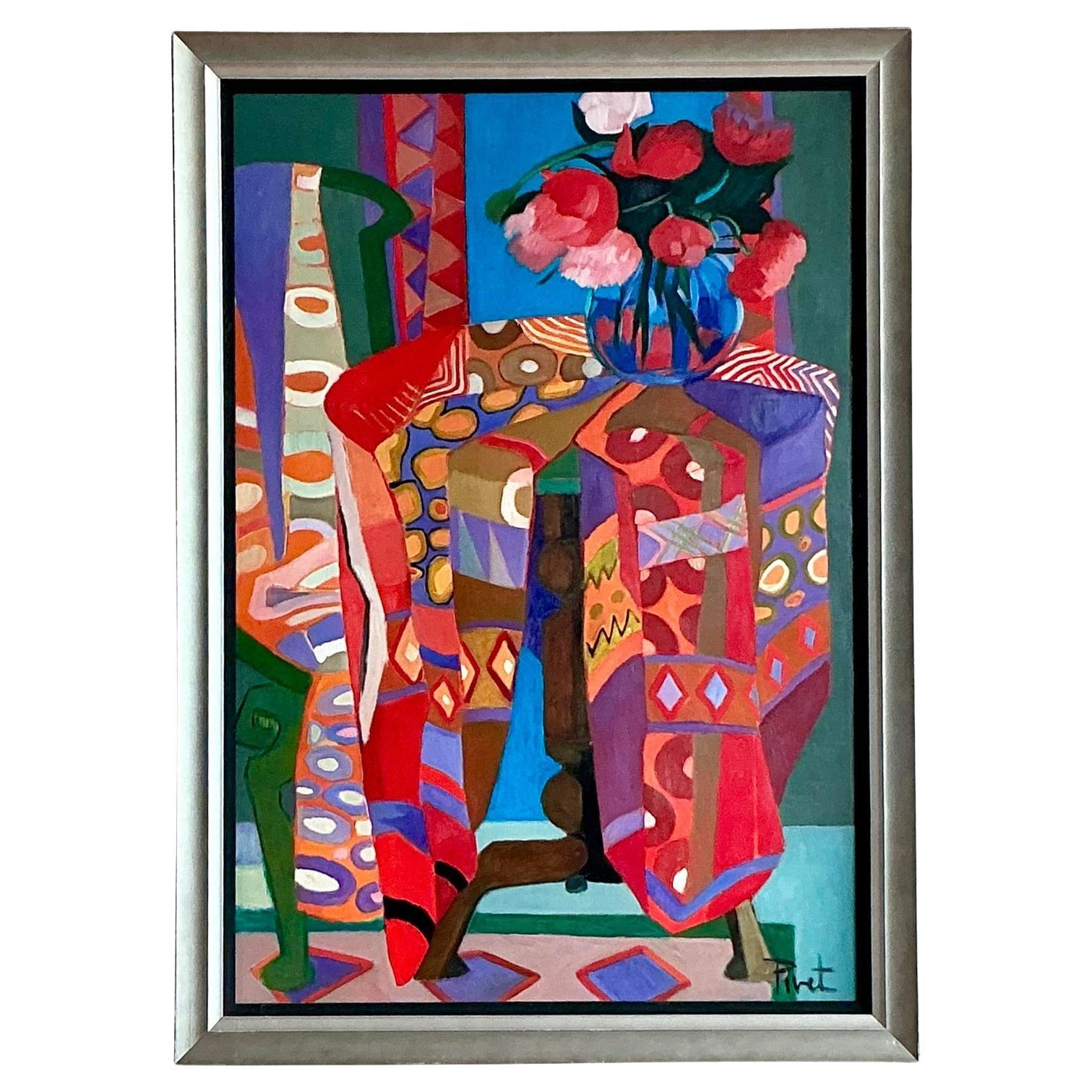 Vintage Boho abstrakte Malerei Öl auf Leinwand im Angebot