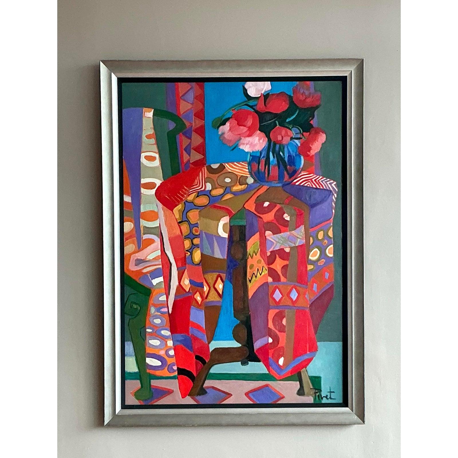 Vintage Boho abstrakte Malerei Öl auf Leinwand im Angebot 1