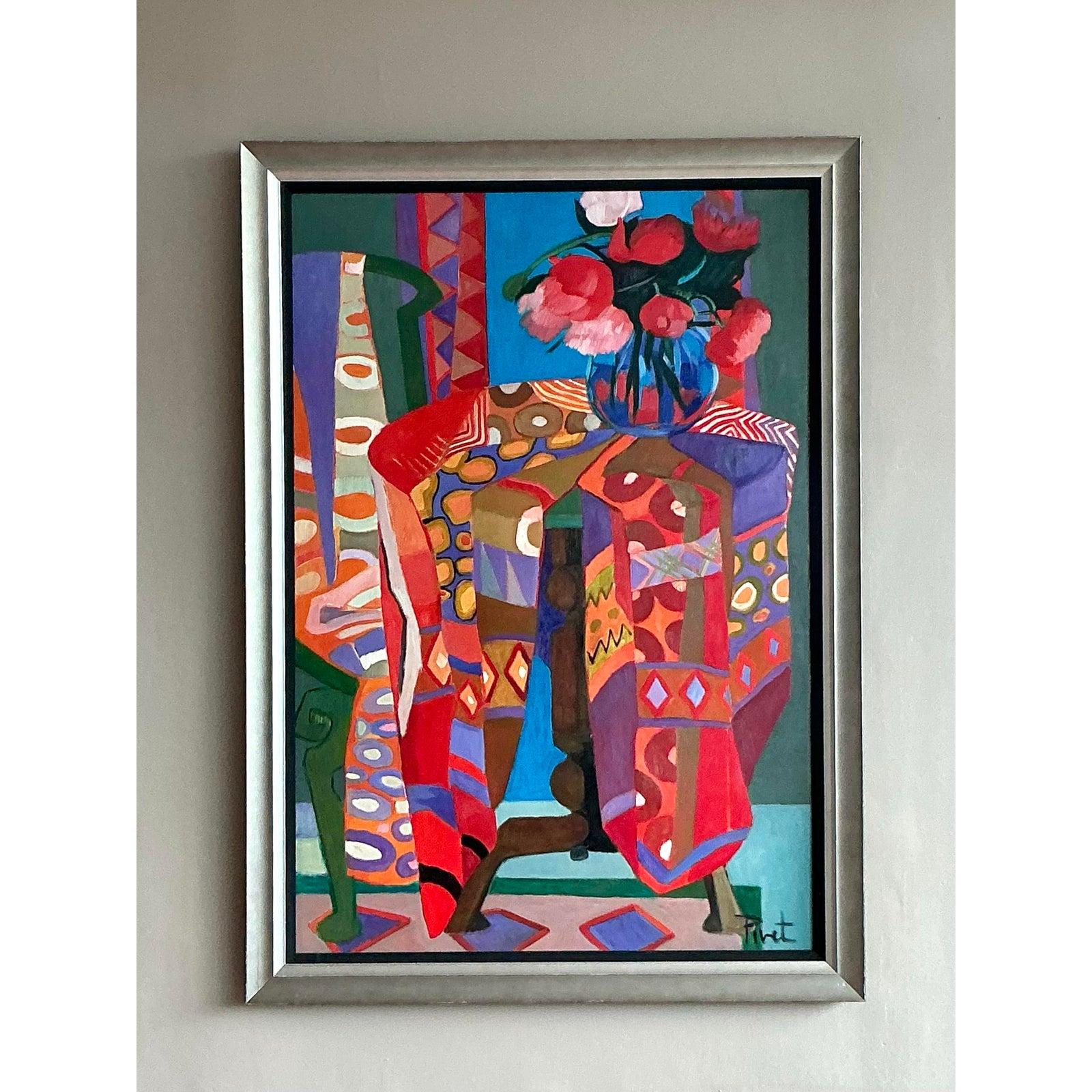 Vintage Boho abstrakte Malerei Öl auf Leinwand im Zustand „Gut“ im Angebot in West Palm Beach, FL