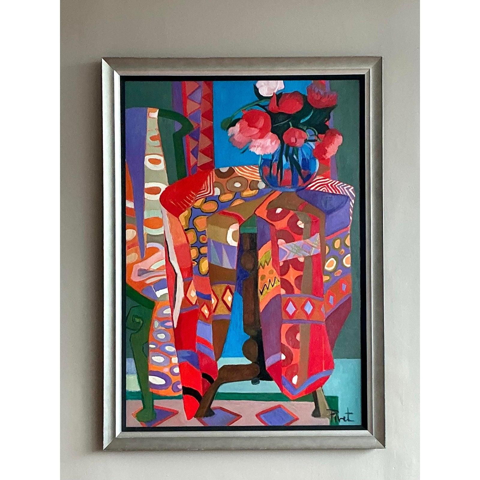Vintage Boho abstrakte Malerei Öl auf Leinwand im Angebot 2