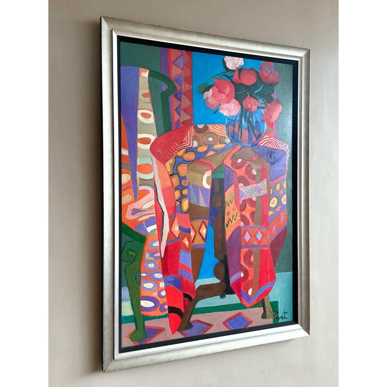 Vintage Boho abstrakte Malerei Öl auf Leinwand im Angebot 4
