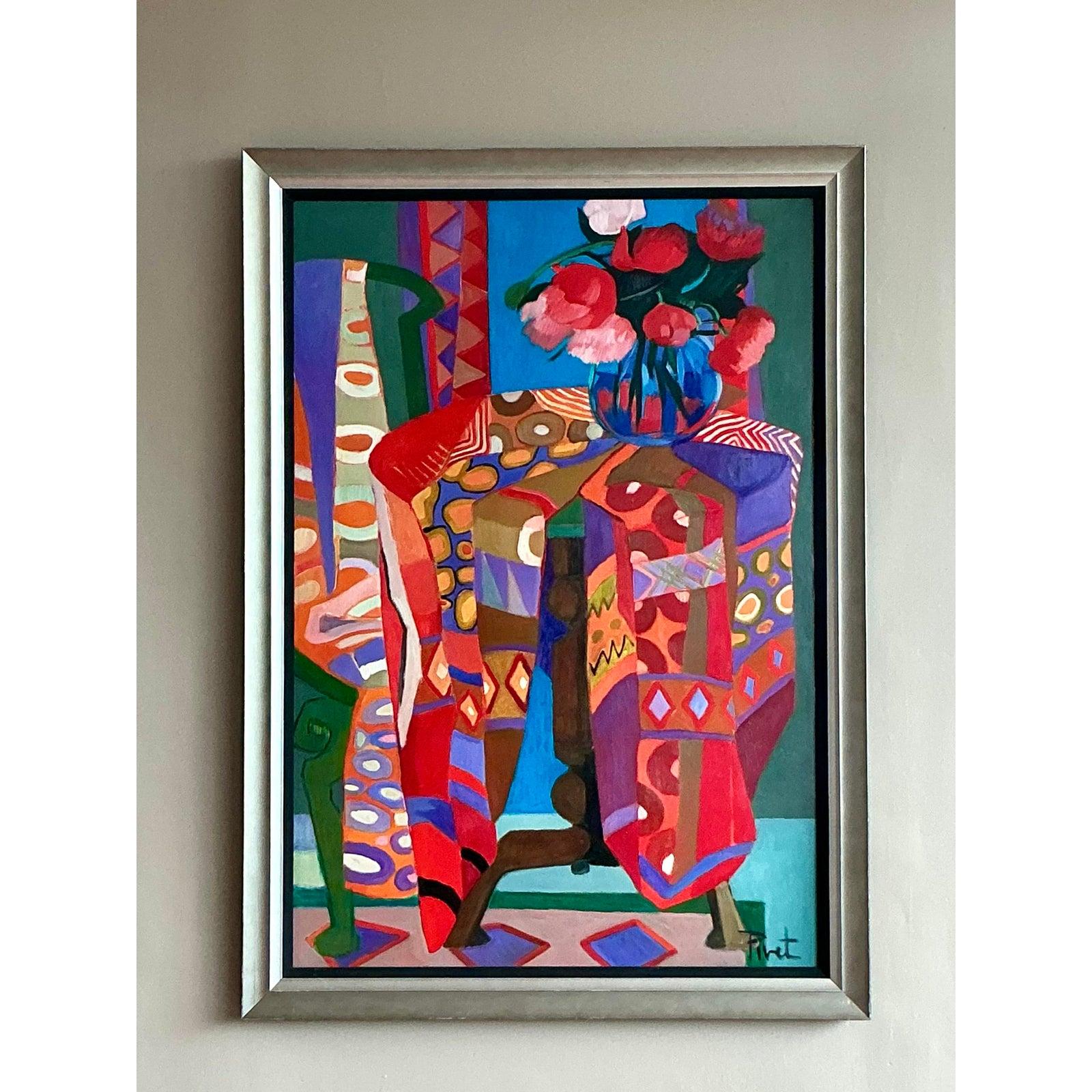 Vintage Boho abstrakte Malerei Öl auf Leinwand im Angebot 3