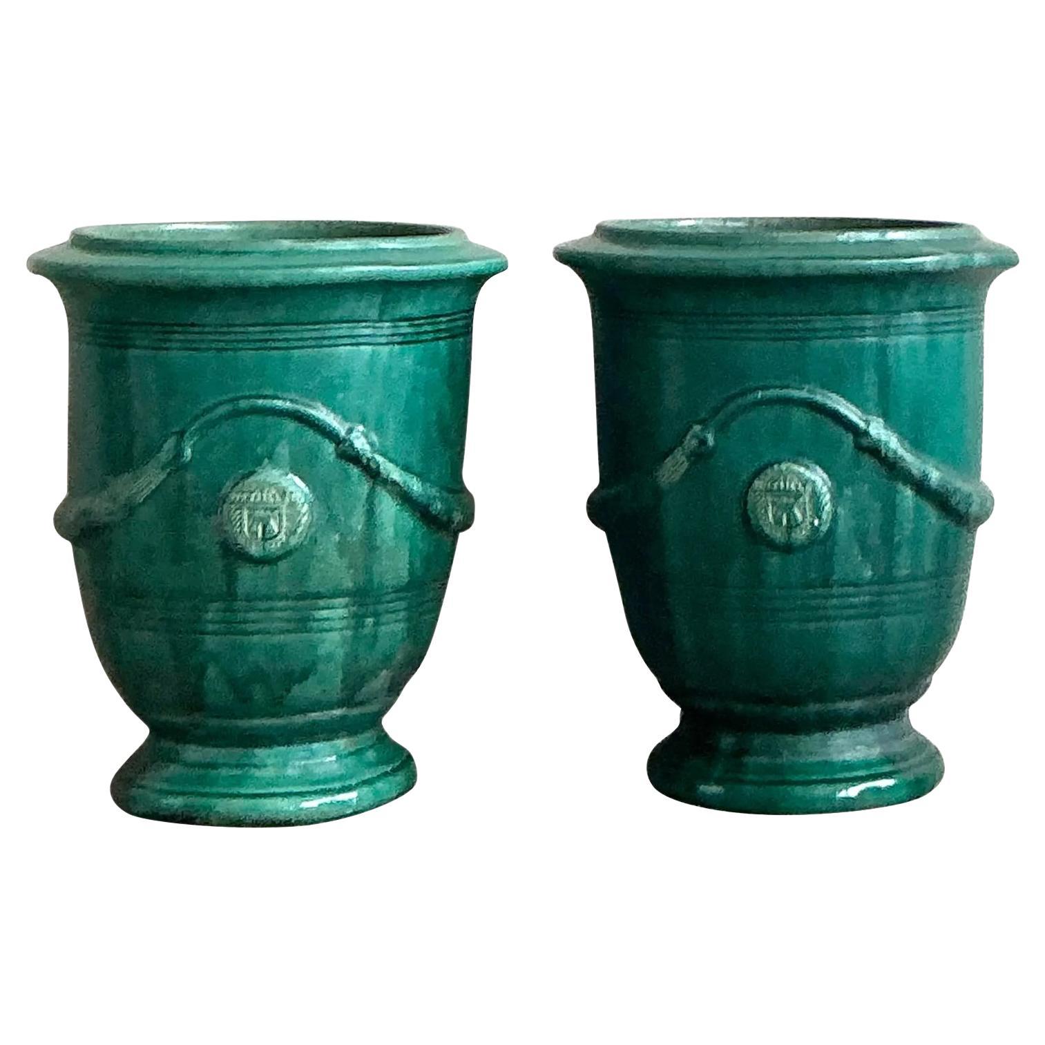 Paire de jardinières Vintage Boho Anduze Versailles en céramique émaillée
