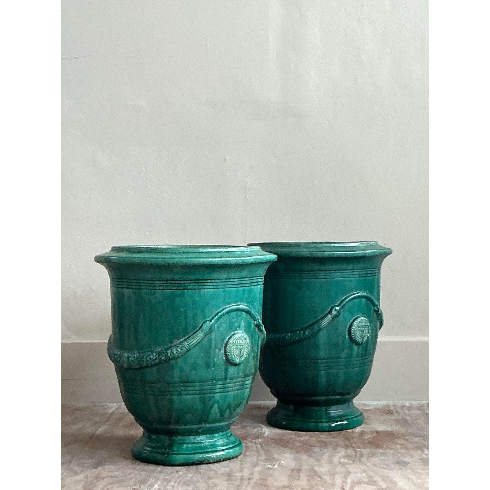 Français Paire de jardinières Vintage Boho Anduze Versailles en céramique émaillée en vente