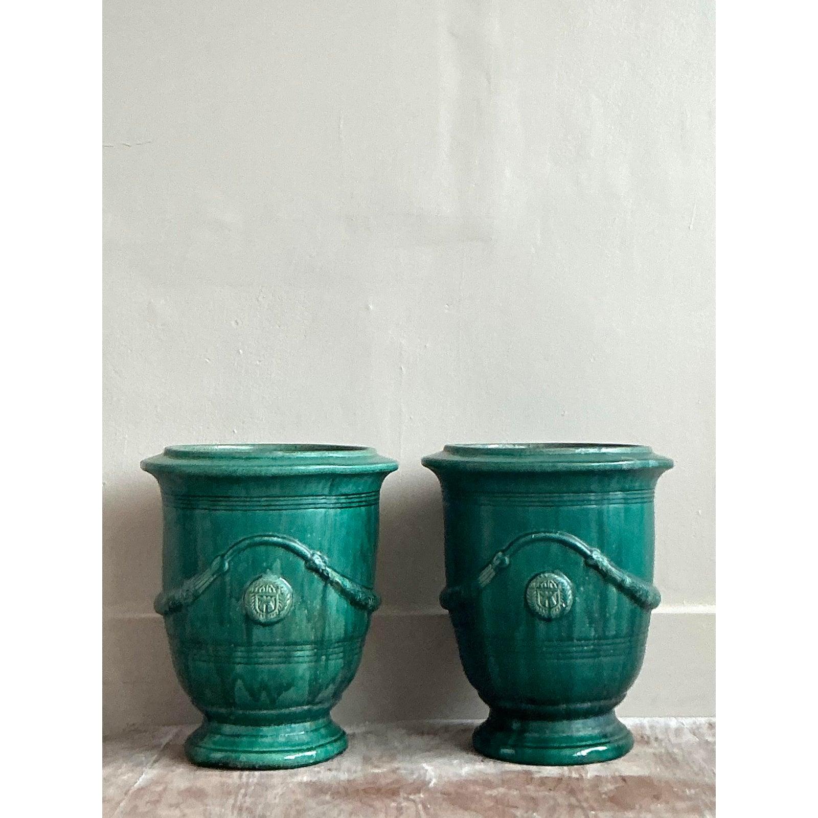 20ième siècle Paire de jardinières Vintage Boho Anduze Versailles en céramique émaillée en vente