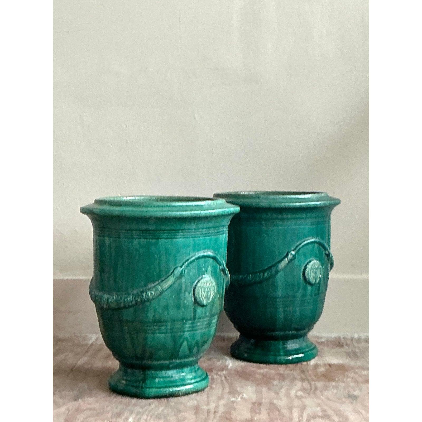 Terre cuite Paire de jardinières Vintage Boho Anduze Versailles en céramique émaillée en vente