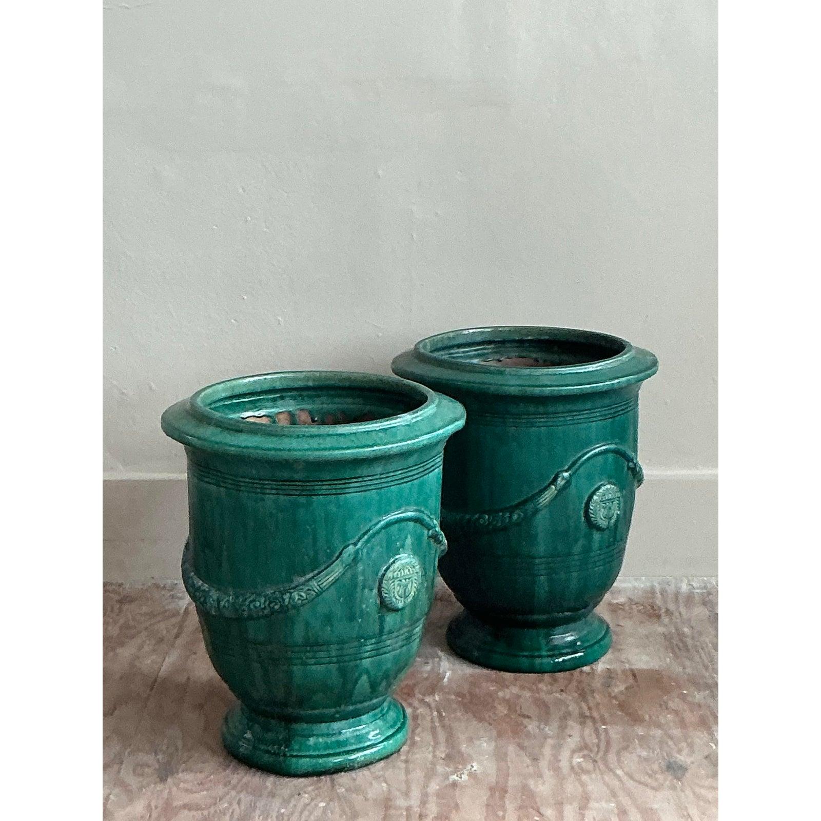 Paire de jardinières Vintage Boho Anduze Versailles en céramique émaillée en vente 2