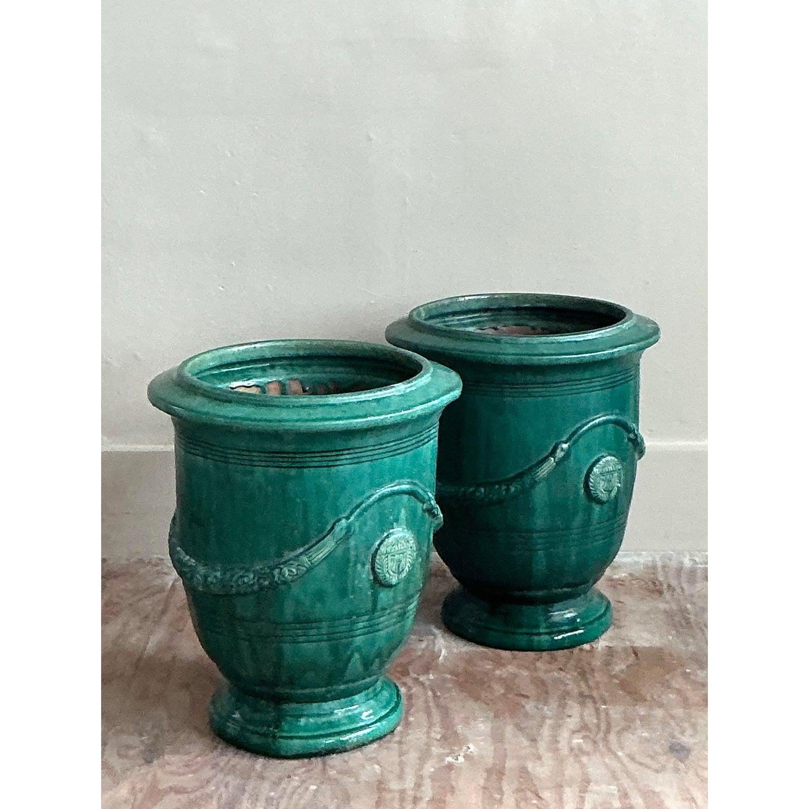 Paire de jardinières Vintage Boho Anduze Versailles en céramique émaillée en vente 1