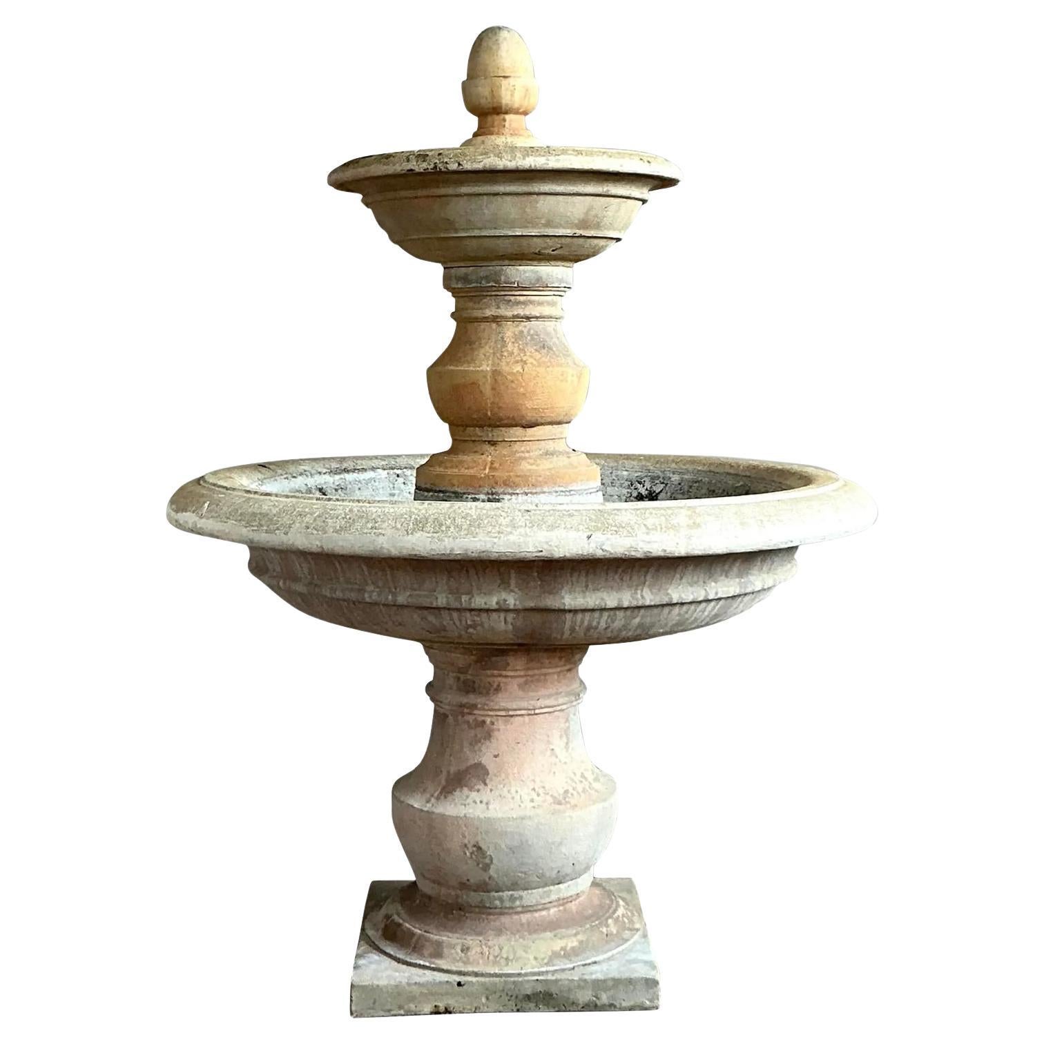 Vintage Boho Cast Stone Two Tier Fountain For Sale