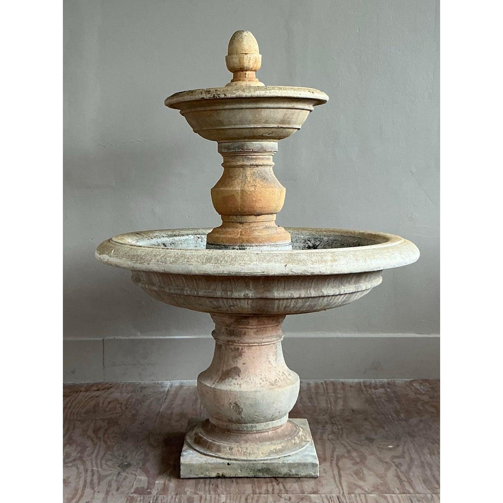 Neoclassical Vintage Boho Cast Stone Two Tier Fountain For Sale