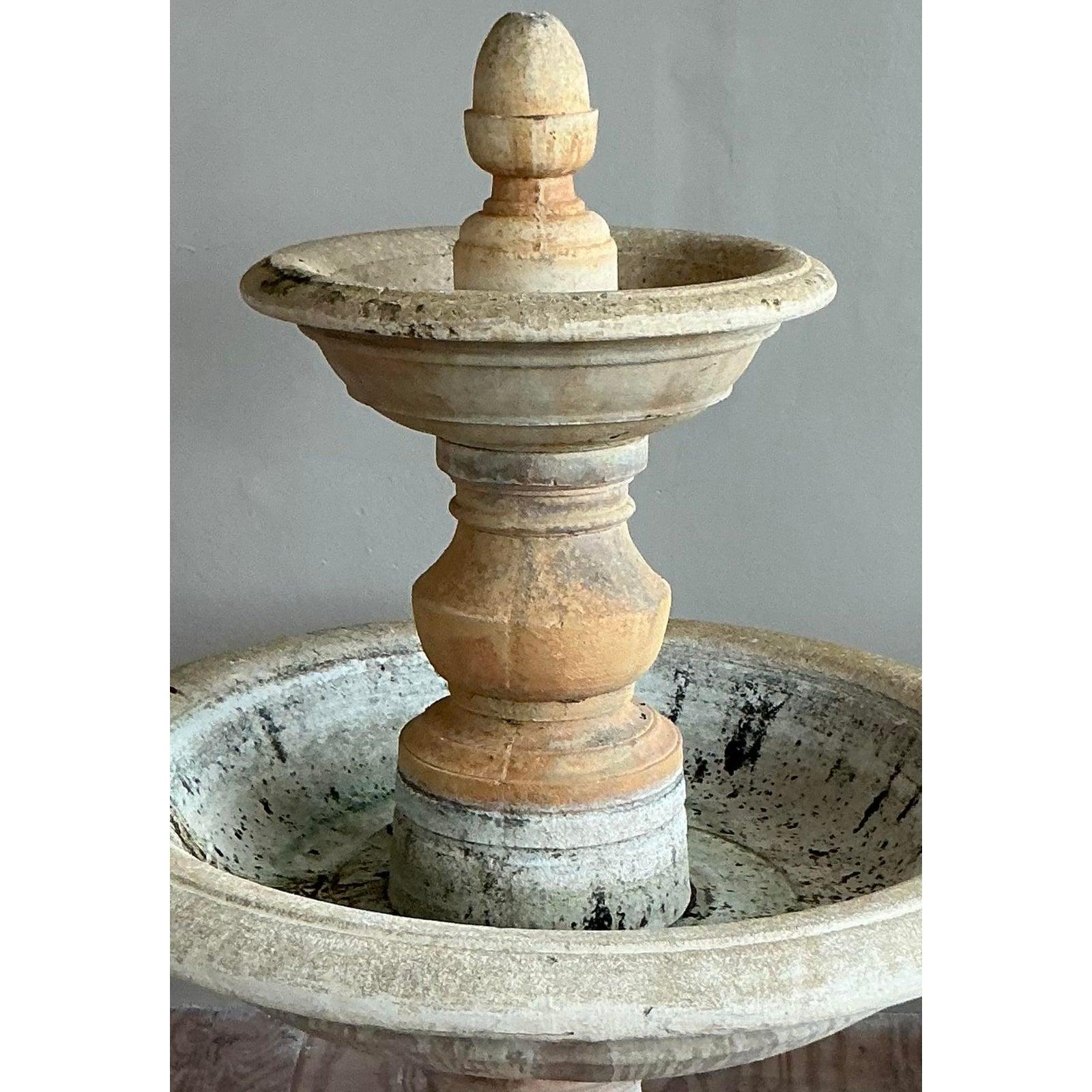 Vintage Boho Cast Stone Two Tier Fountain In Good Condition For Sale In West Palm Beach, FL