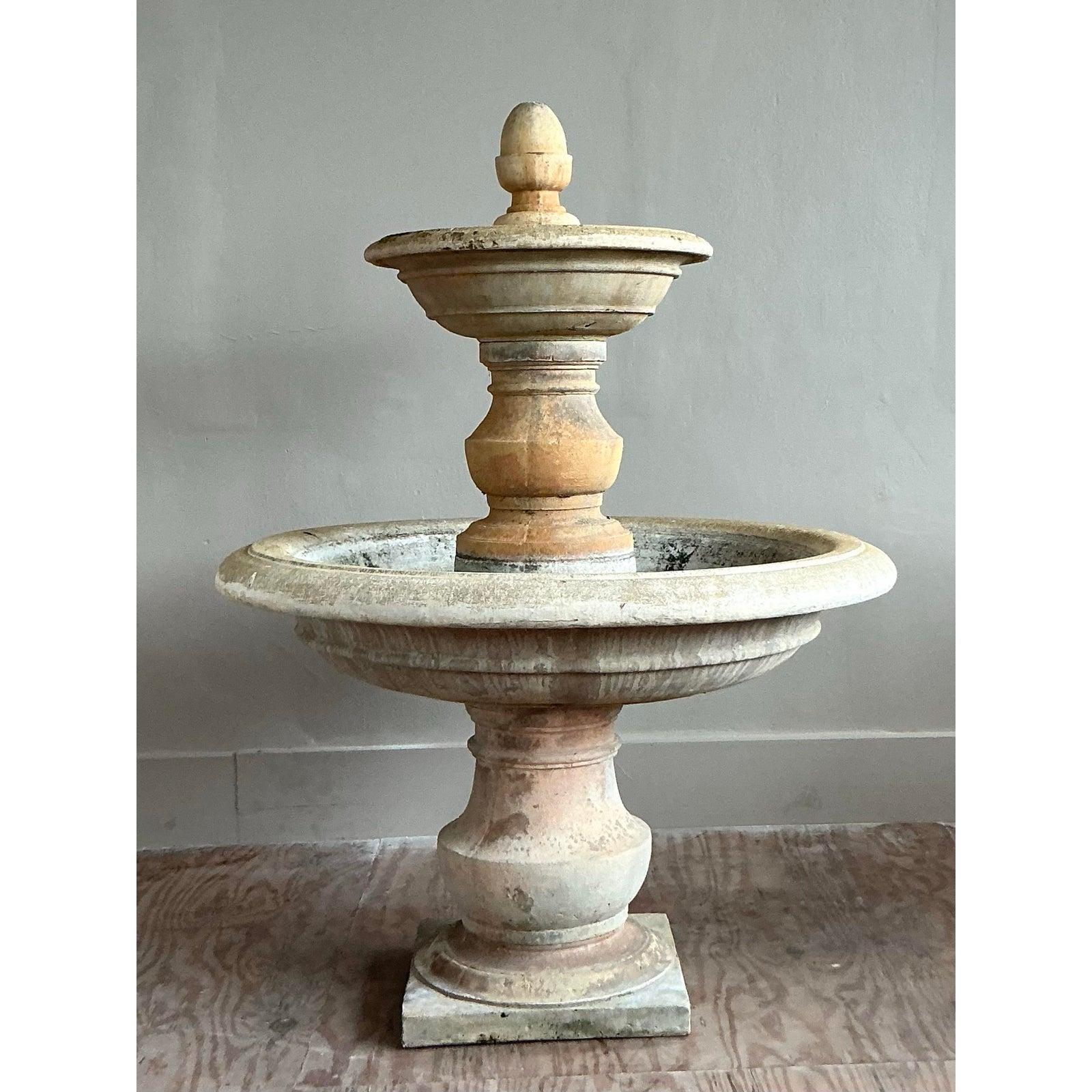 American Vintage Boho Cast Stone Two Tier Fountain For Sale