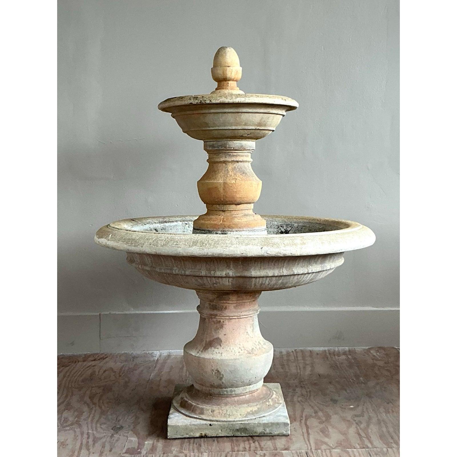 Vintage Boho Cast Stone Two Tier Fountain For Sale 1
