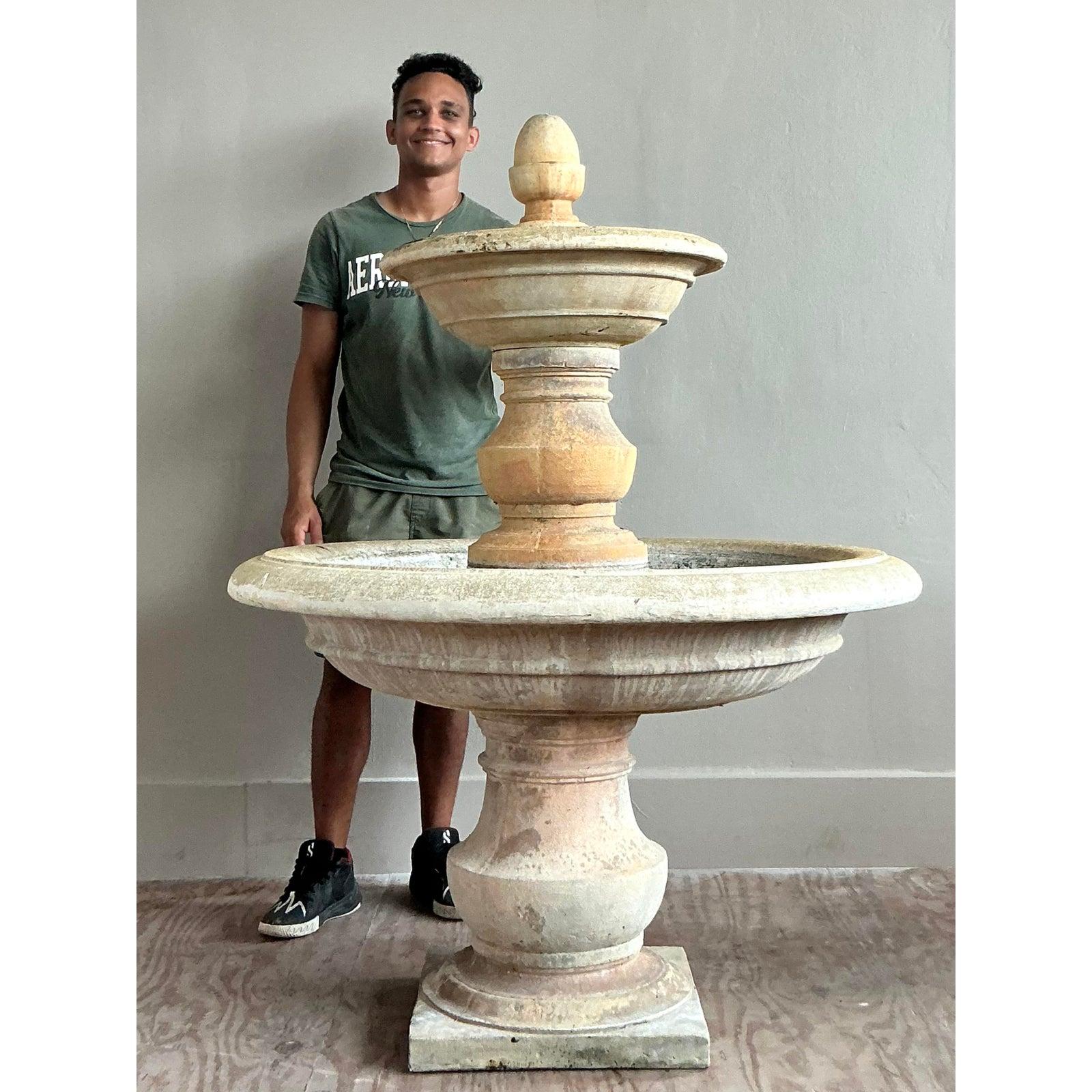 Vintage Boho Cast Stone Two Tier Fountain For Sale 2