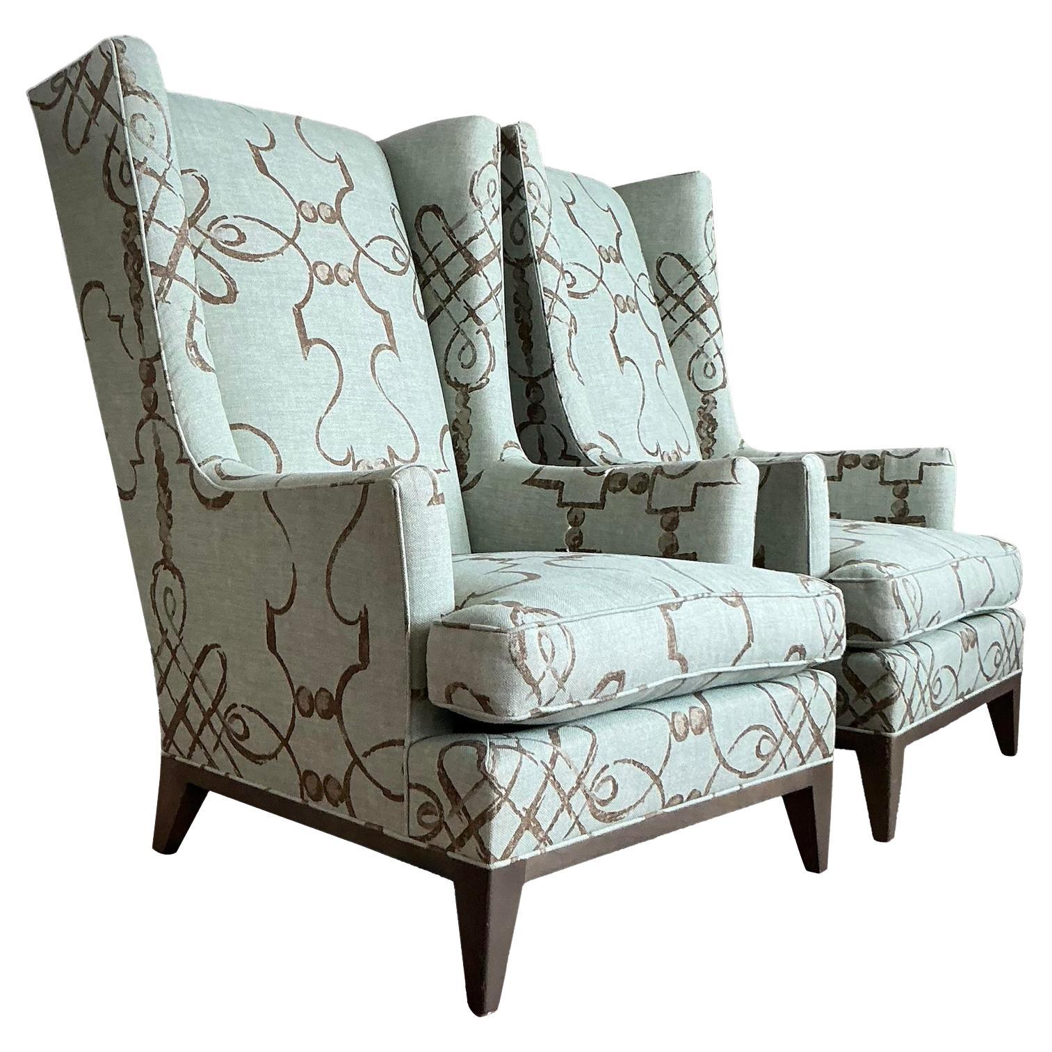 Vintage Boho Donghia Wingback Chairs - A Pair For Sale