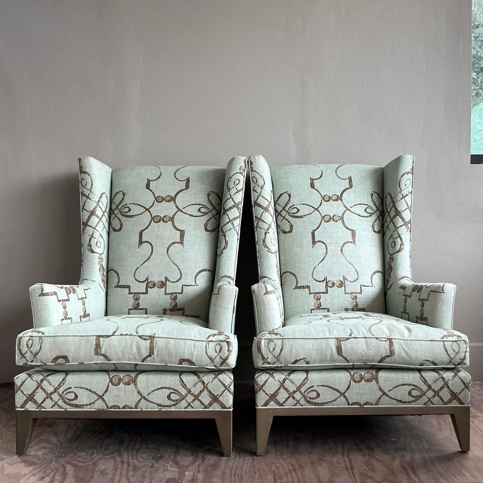 Vintage Boho Donghia Wingback Chairs - A Pair In Good Condition For Sale In West Palm Beach, FL