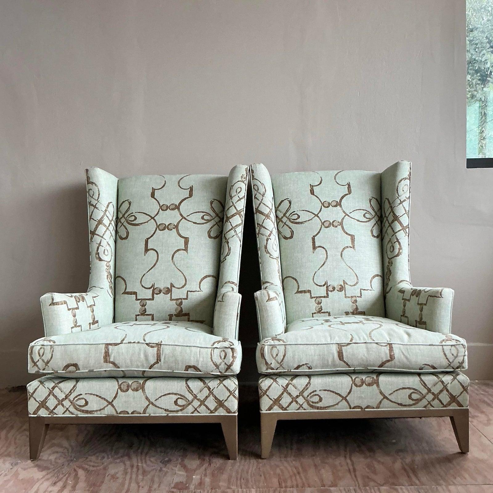 Fabric Vintage Boho Donghia Wingback Chairs - A Pair For Sale