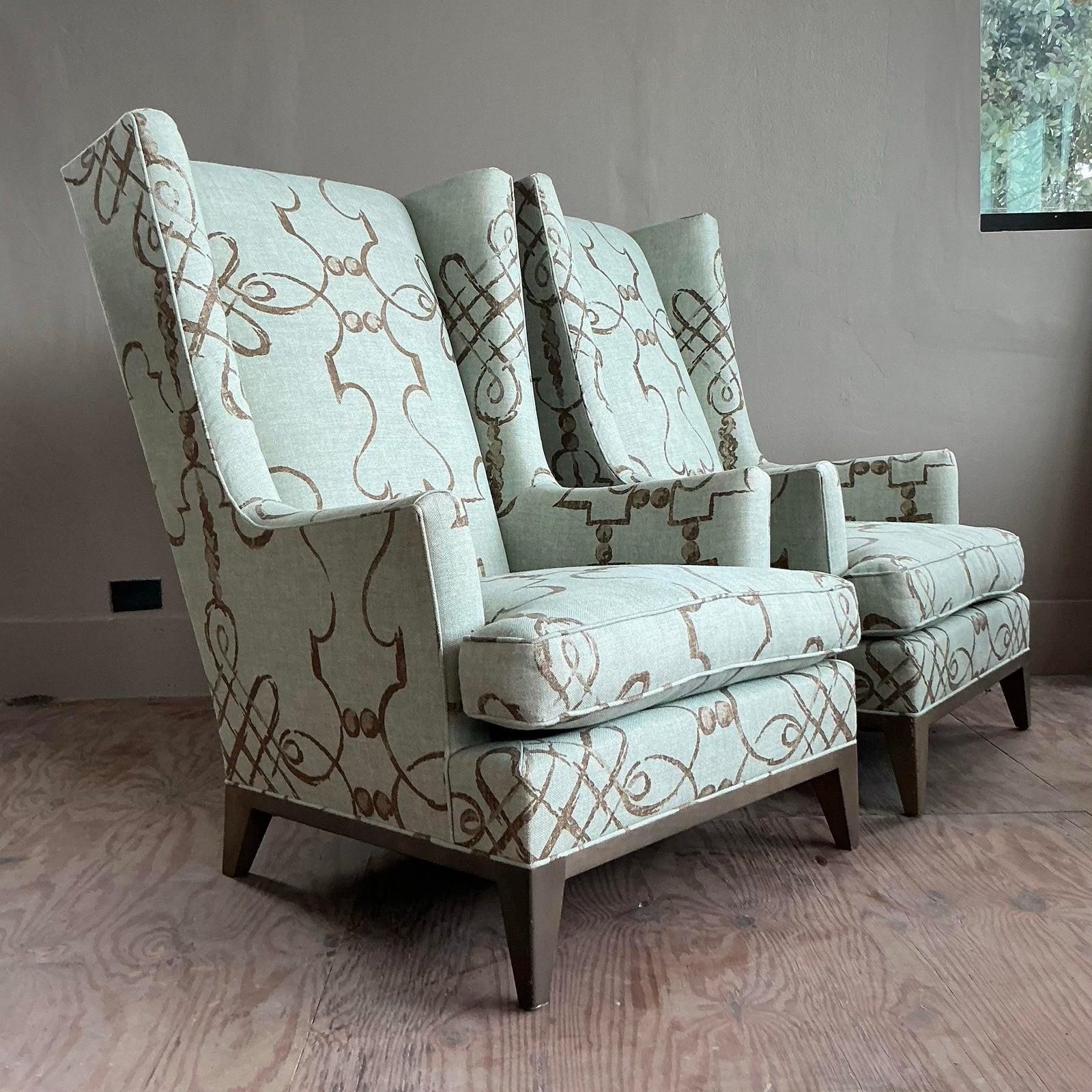 American Vintage Boho Donghia Wingback Chairs - A Pair For Sale