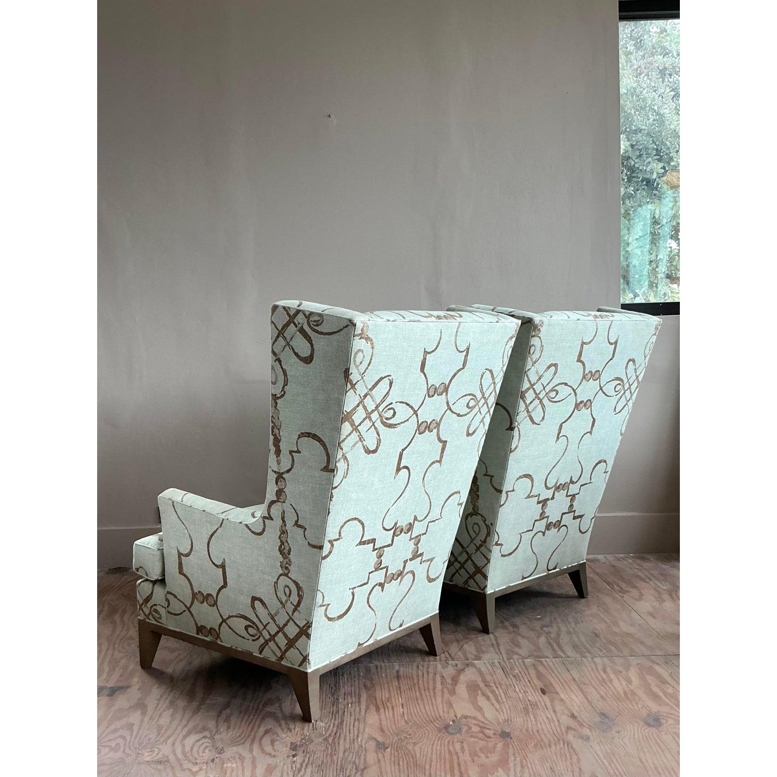 Vintage Boho Donghia Wingback Chairs - A Pair For Sale 5