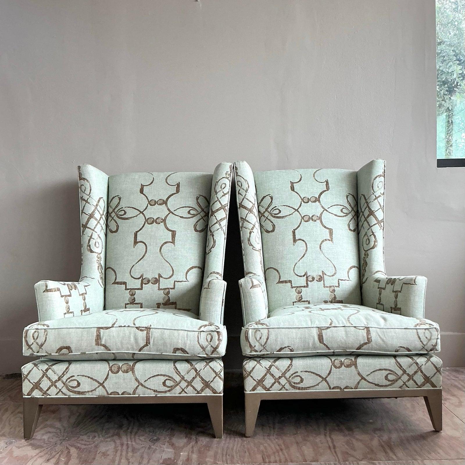 Vintage Boho Donghia Wingback Chairs - A Pair For Sale 2