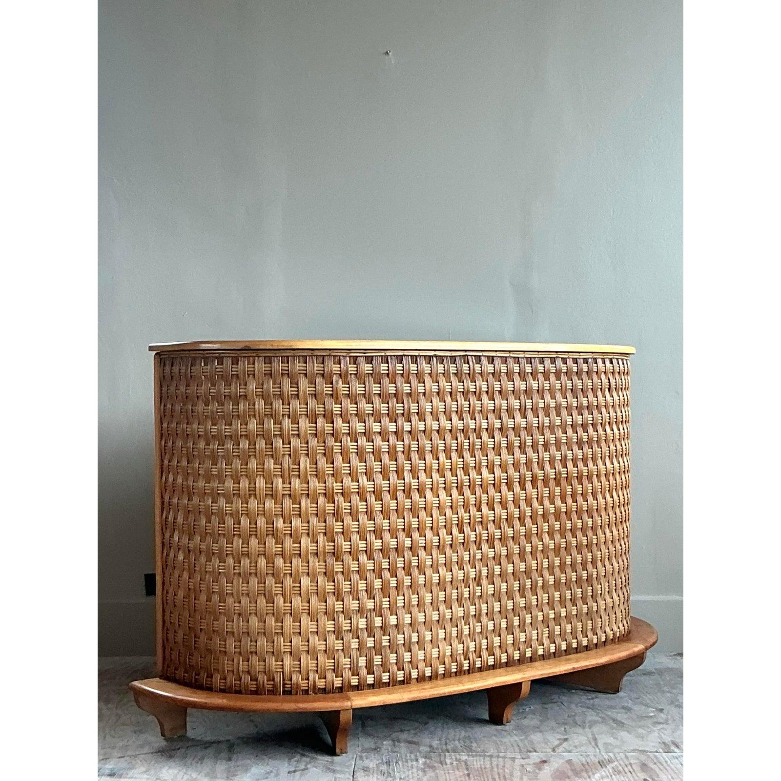 Vintage Boho Woven Rattan Rey Bar In Good Condition For Sale In West Palm Beach, FL