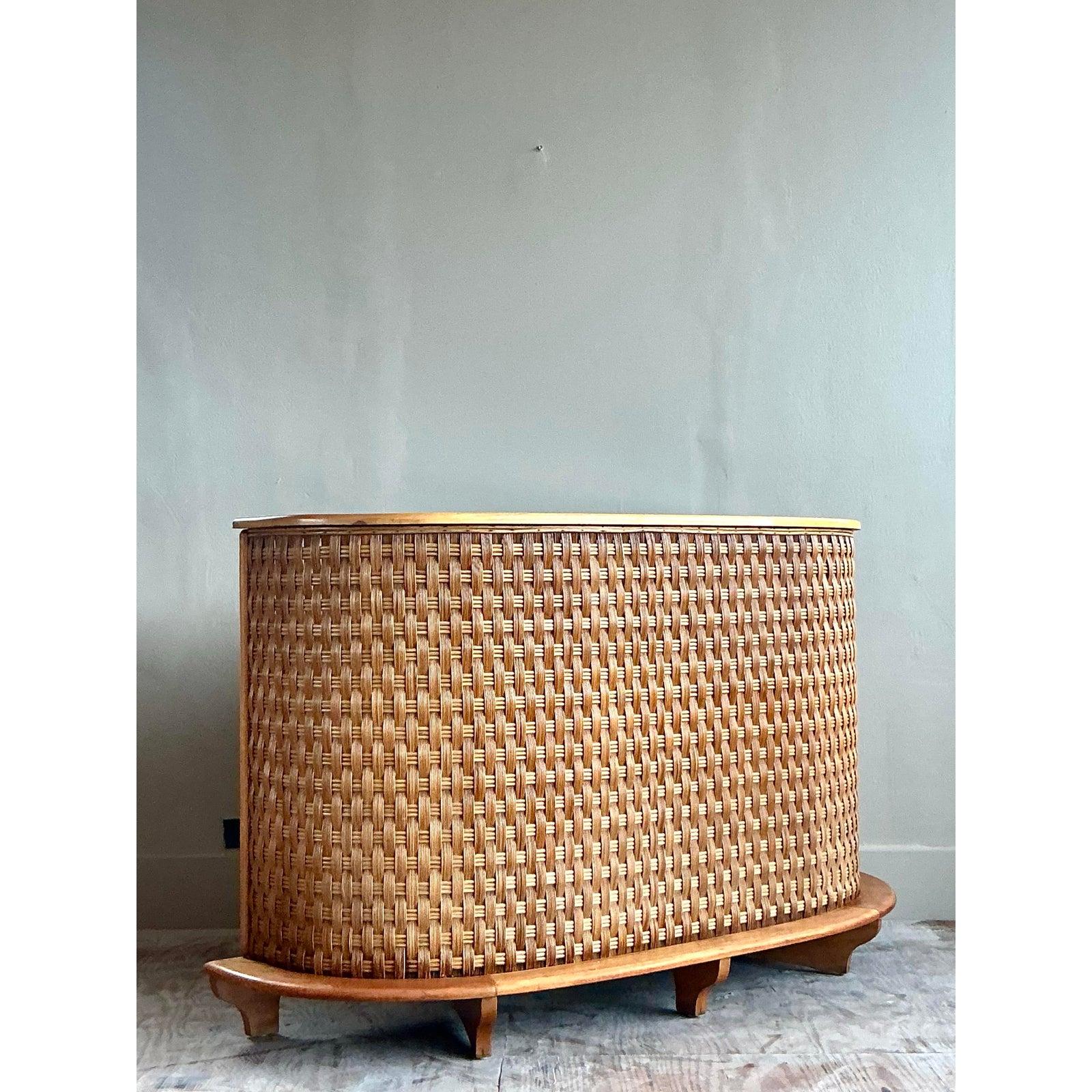 American Vintage Boho Woven Rattan Rey Bar For Sale