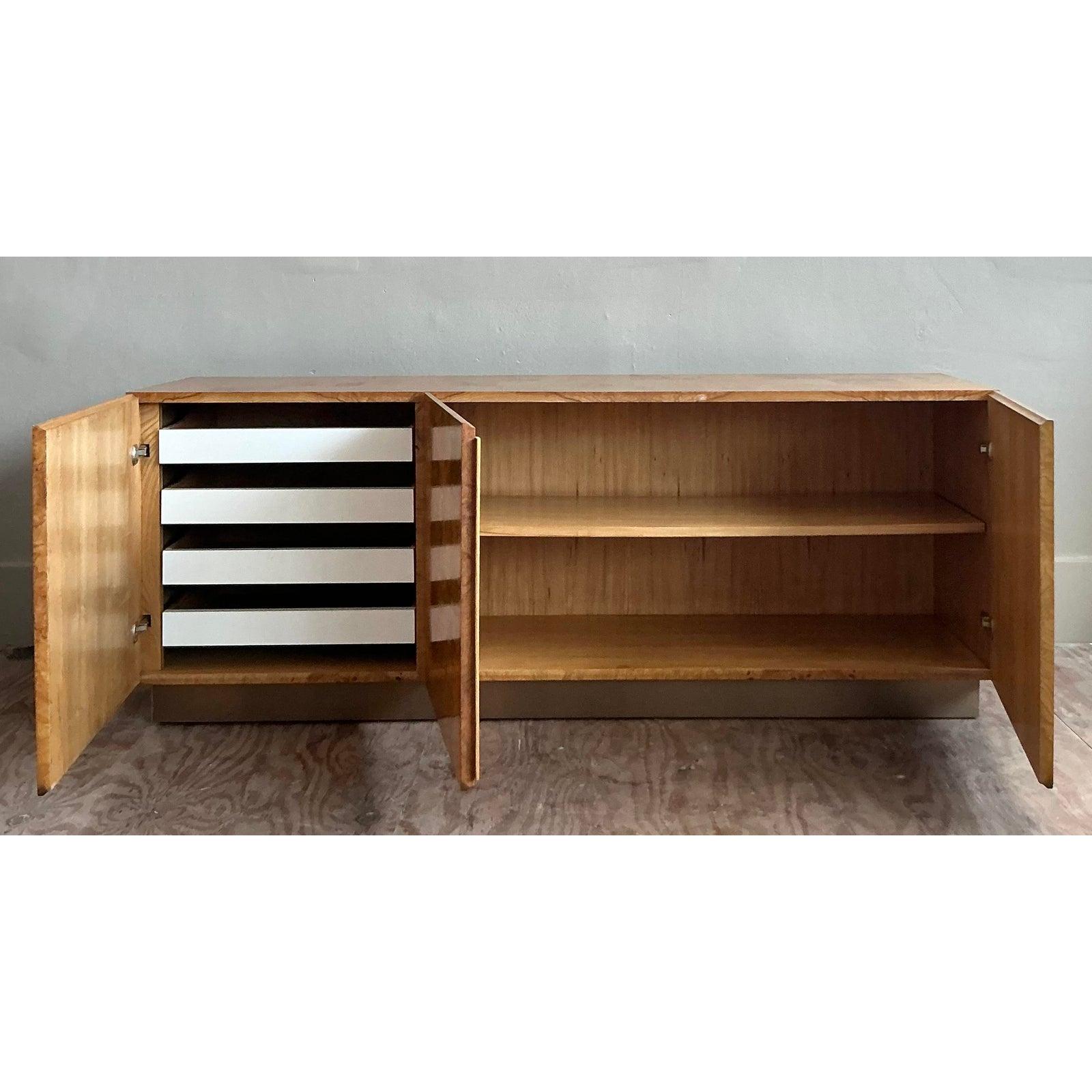 Metal Vintage Boho Burl Wood Credenza After Milo Baughman for Thayer Coggin For Sale