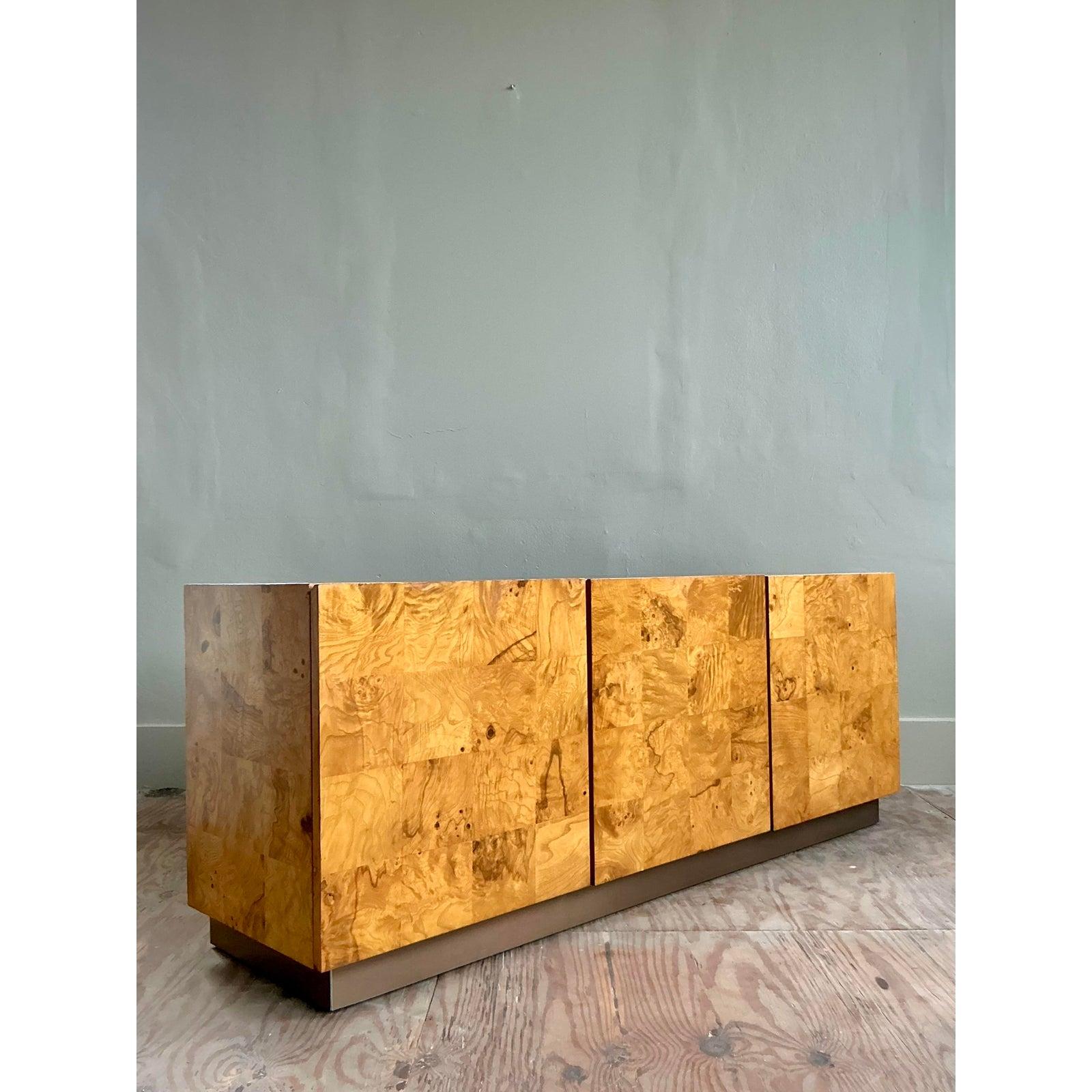 Mid-Century Modern Vintage Boho Burl Wood Credenza After Milo Baughman for Thayer Coggin For Sale