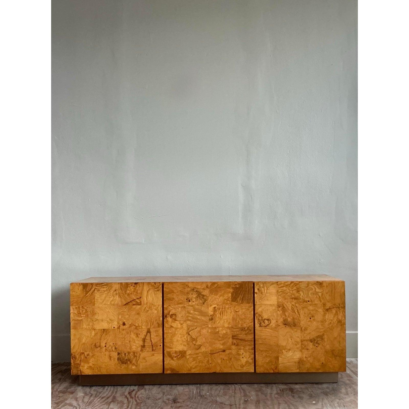 20th Century Vintage Boho Burl Wood Credenza After Milo Baughman for Thayer Coggin For Sale