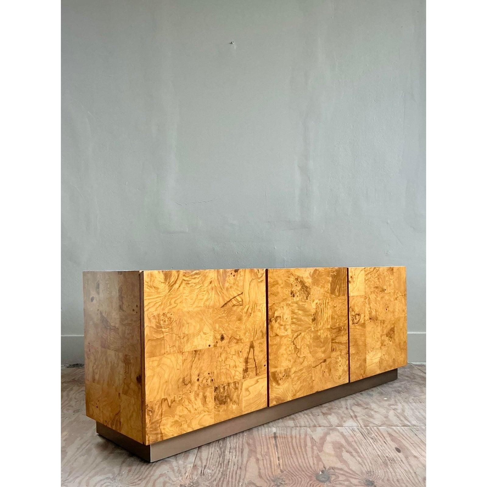 Vintage Boho Burl Wood Credenza After Milo Baughman for Thayer Coggin For Sale 1