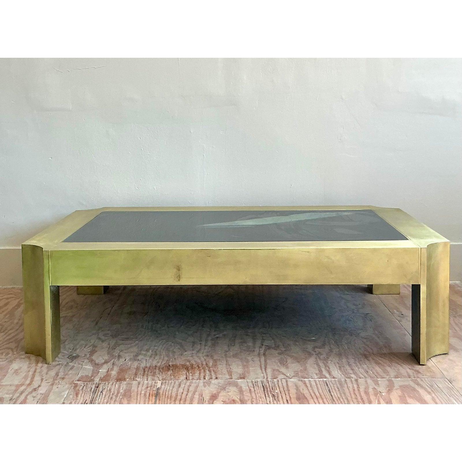 Vintage Boho Notched Brass Coffee Table In Good Condition For Sale In West Palm Beach, FL