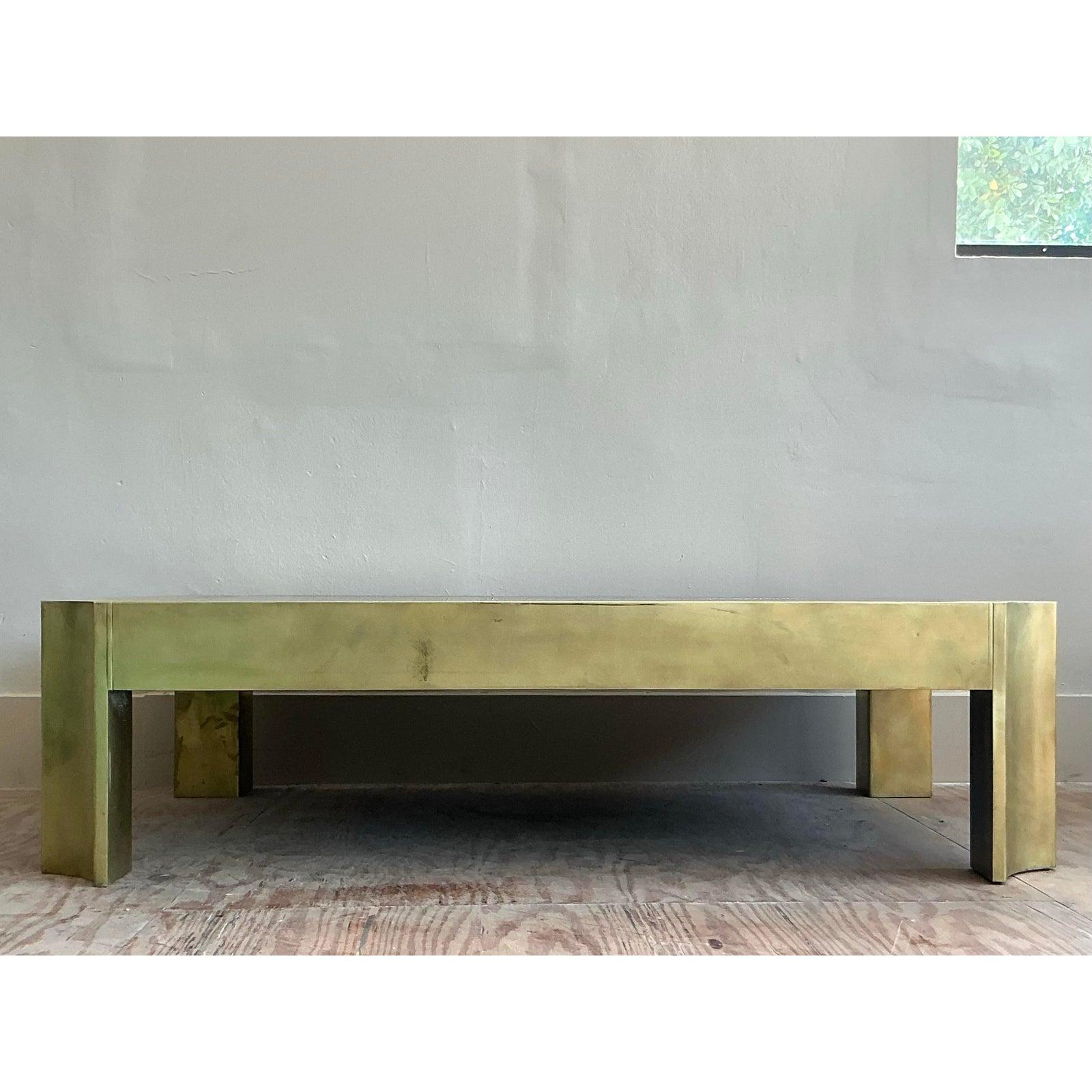 20th Century Vintage Boho Notched Brass Coffee Table For Sale