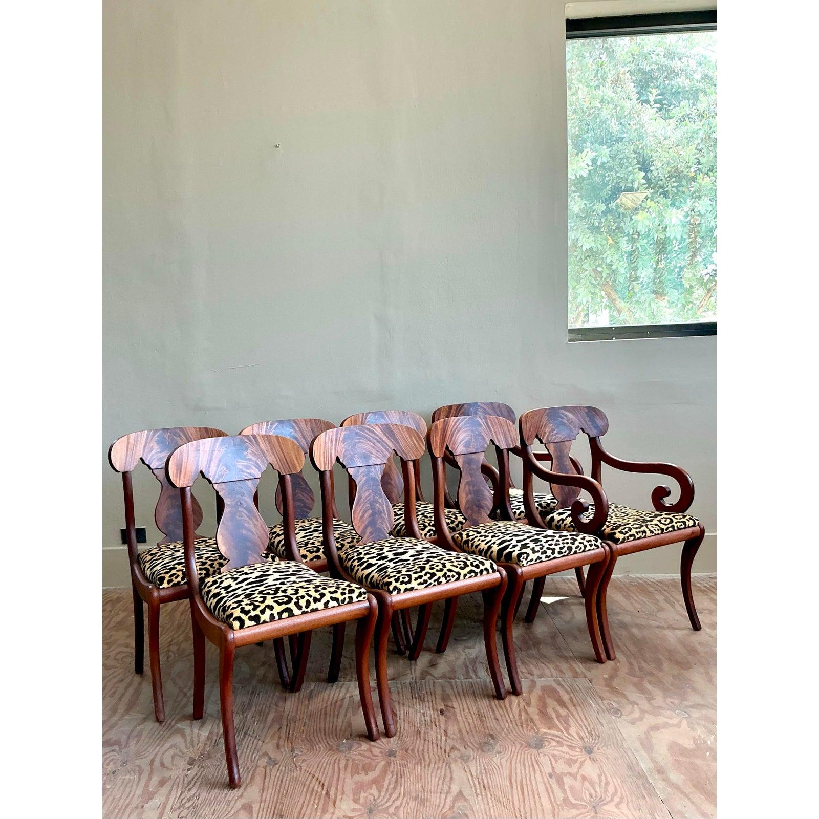 Fabric Vintage Regency Flame Mahogany Empire Dining Chairs - Set of 8 For Sale