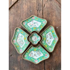 Vintage Chinoiserie Hand Painted Floral Metal Tray Set