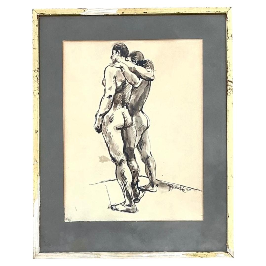 Vintage Original 1977 Framed Figurative Male Nudes