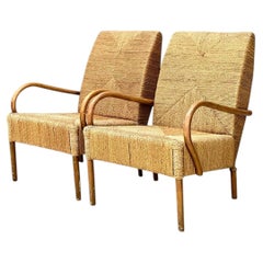 Vintage Japanese Wood and Twisted Jute Lounge Chairs - Pair