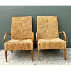 Sillones vintage japoneses de madera y yute trenzado - Juego de dos