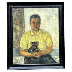 Vintage Figurative Man and Dog Oil Painting