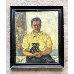 Vintage Figurative Man and Dog Oil Painting