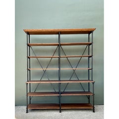 Vintage French Plank Wood and Metal Industrial Bookshelf