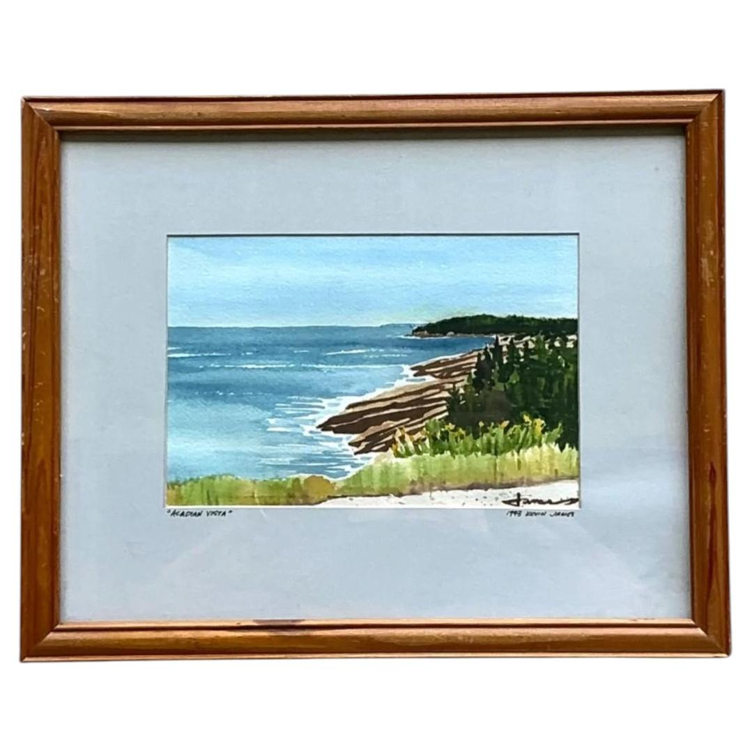 Vintage-Aquarell einer Küstenlandschaft in einem Rahmen