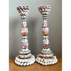 Portacandele vintage con conchiglie incastonate - Coppia
