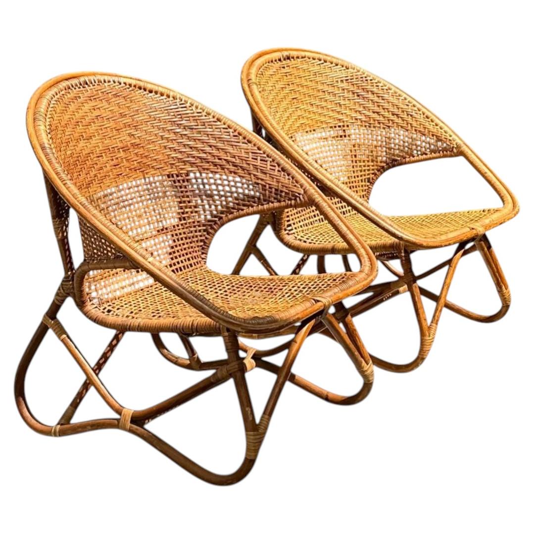 Lounge-Sessel aus gewebtem Rattan im Vintage-Stil – Paar