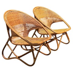 Lounge-Sessel aus gewebtem Rattan im Vintage-Stil – Paar